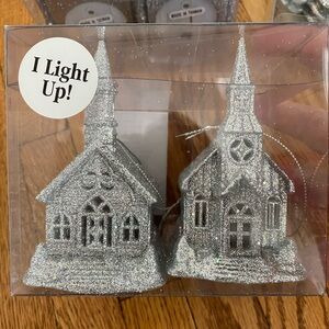 4 Hobby Lobby Silver Glitter Church Ornaments